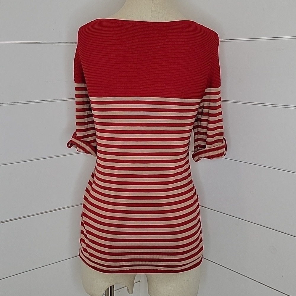 COLDWATER CREEK small red & tan striped 1/2 sleeve cotton sweater - Picture 2 of 5